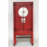 MARRIAGE CABINET, Chinese scarlet lacquered and silvered metal mounted with two panelled doors