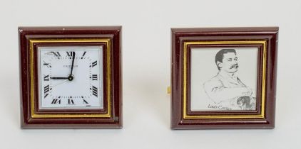 CARTIER TRAVELLING CLOCK, AND PICTURE FRAME, Le Must 1970s in burgundy enamel. (2) 8cm x 8cm