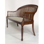 HALL SEAT, Edwardian mahogany with shaped arched rail back and taupe linen upholstered seat, 122cm