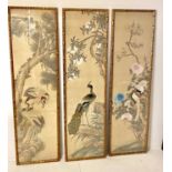 CHINESE TRYPTYCH WALL PANELS, 170cm H x 48cm W, embroidered silk, faux bamboo frames. (3)