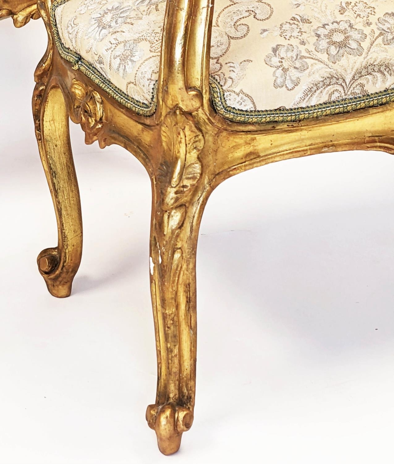 WINDOW SEATS, 66cm H x 80cm W x 48cm D, a pair, Louis XV style giltwood, with patterned - Image 2 of 7