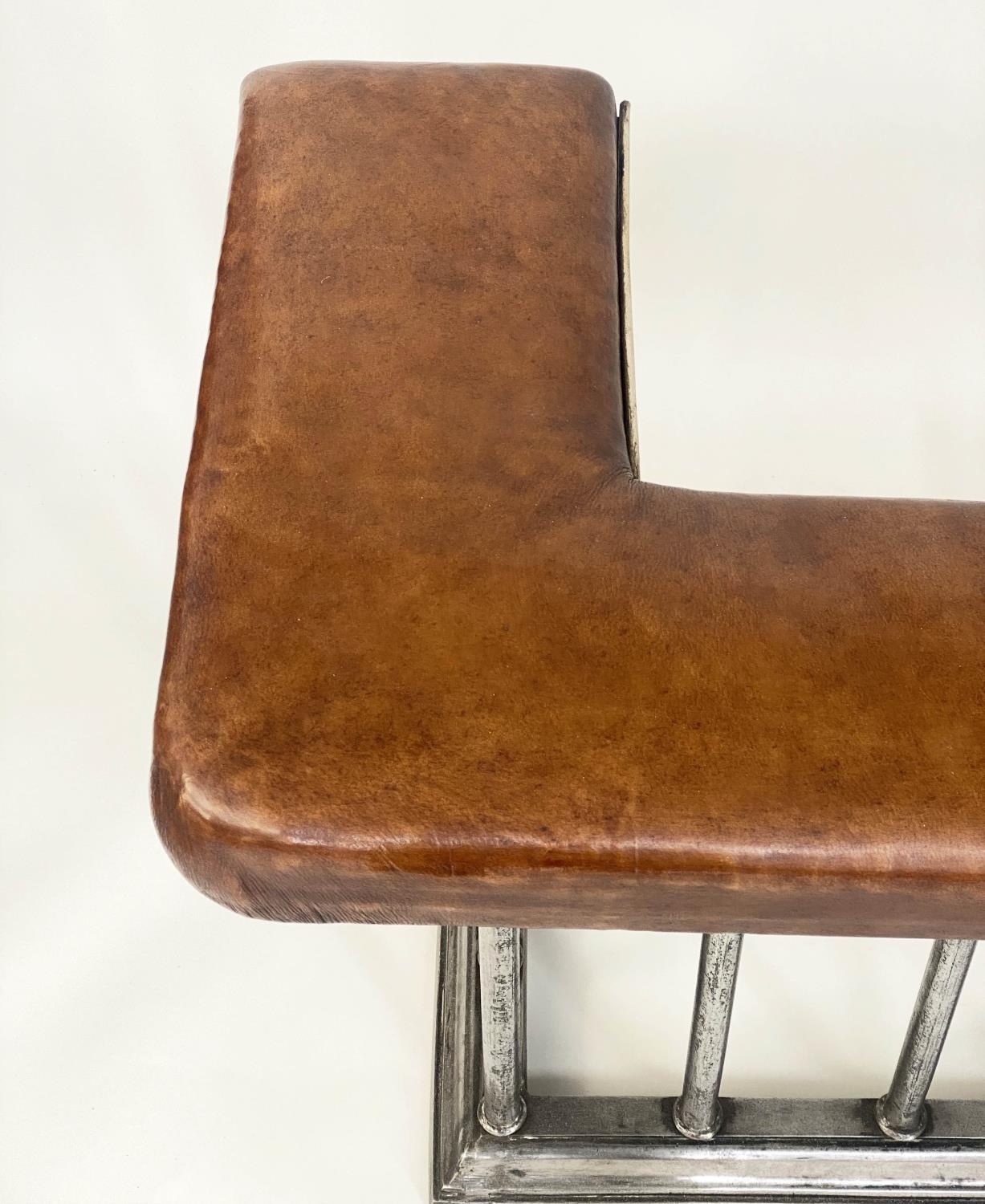 CLUB FENDER, early 20th century Edwardian antique tan brown leather hide continuous seat raised upon - Image 4 of 5