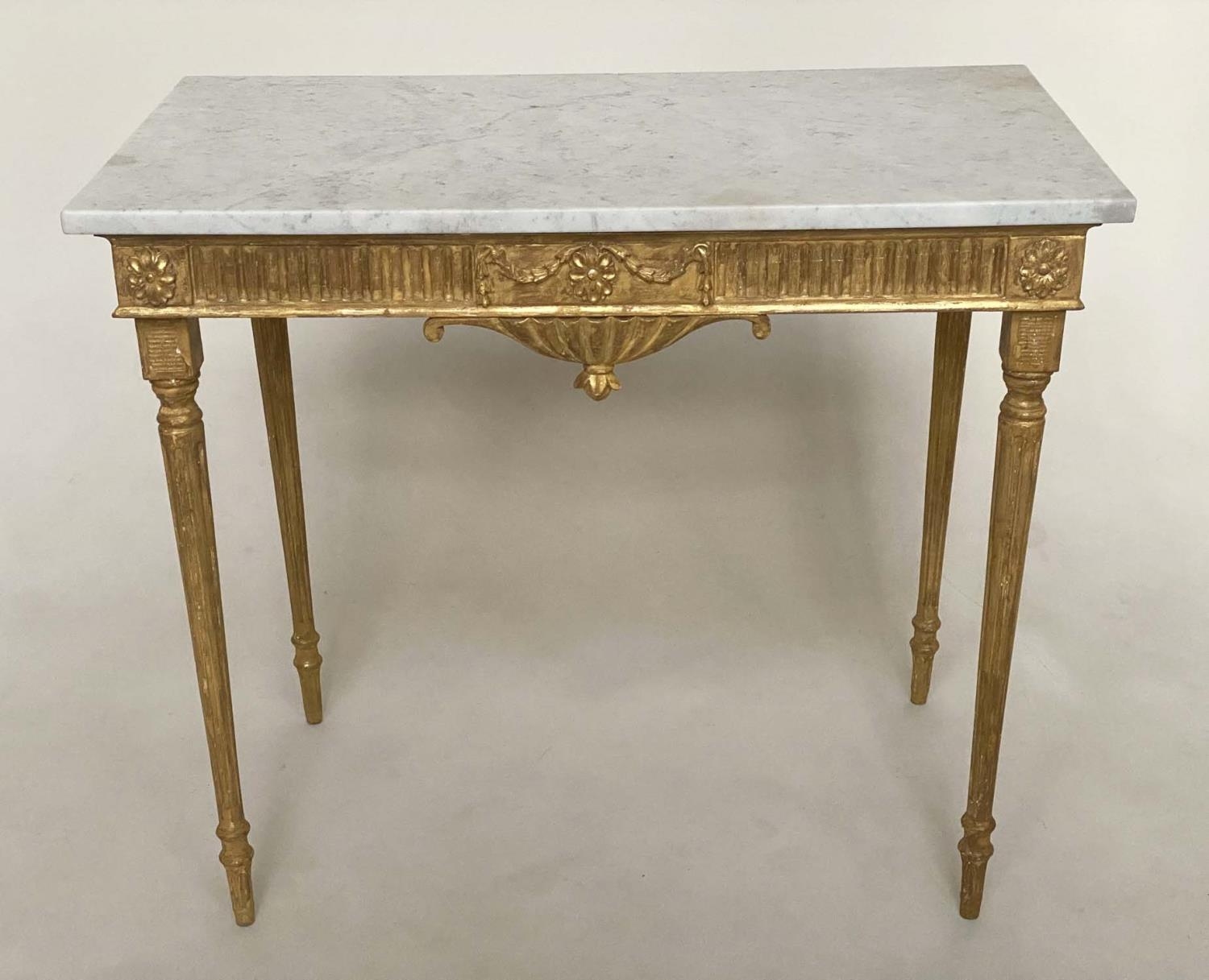 CONSOLE TABLE, 19th century Italian giltwood with Carrara marble top, fluted frieze, ribbon tablet