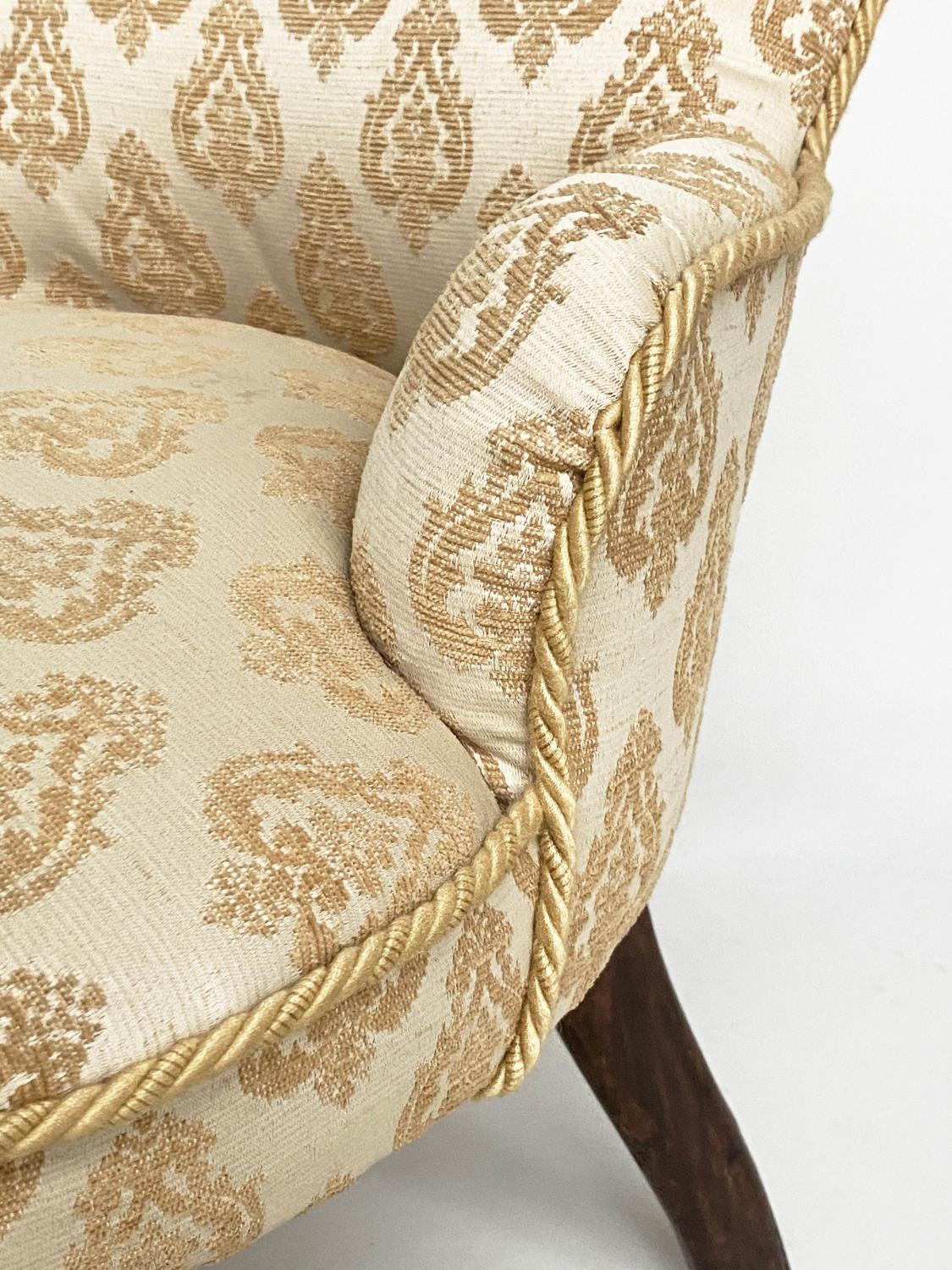 SLIPPER ARMCHAIR, Victorian walnut with two tone woven leaf upholstery and turned front supports, - Image 3 of 5