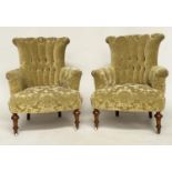 ARMCHAIRS, a pair, Victorian walnut with two tone foliate cut velvet upholstery, buttoned back,