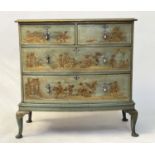 CHINOISERIE CHEST, early 20th century bowfront silver grey Chinoiserie hand painted with three