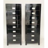 TALL CHESTS, a pair, 50cm x 40cm x 141cm, Chinese black lacquered and silvered metal mounted each