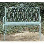 GARDEN BENCH, Regency style, pistacchio green painted metal, 95cm x 105cm x 54cm.