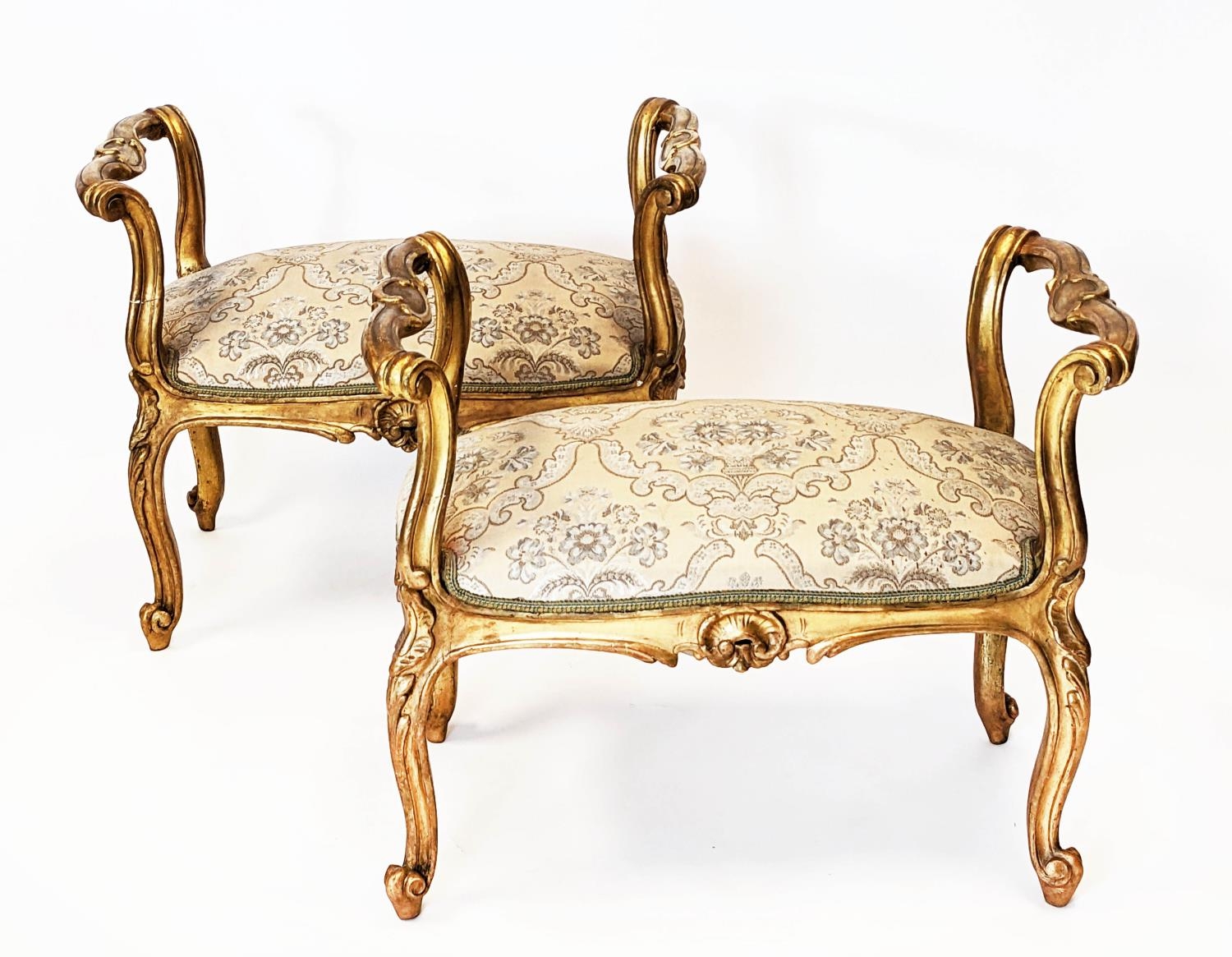 WINDOW SEATS, 66cm H x 80cm W x 48cm D, a pair, Louis XV style giltwood, with patterned