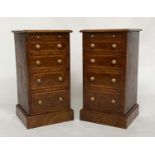 BEDSIDE CHESTS, a pair, George III design burr walnut and crossbanded each with brushing slide and