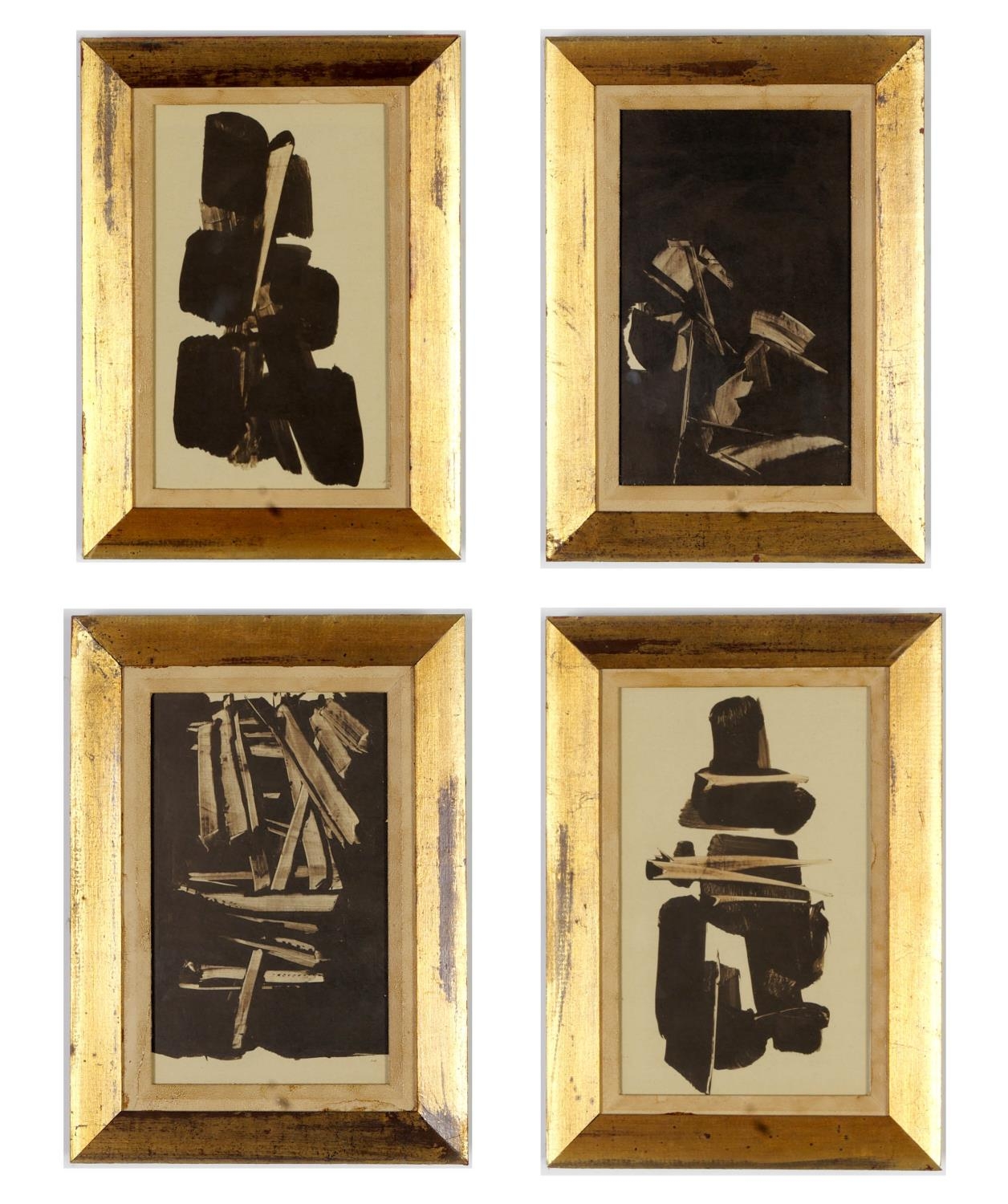 AFTER PIERRE SOULAGES, four offset lithographs, abstract study in walnut wash, vintage frames,
