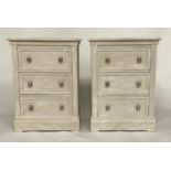 BEDSIDE CHESTS, a pair, traditionally grey painted each with three moulded drawers, 53cm W x 39cm