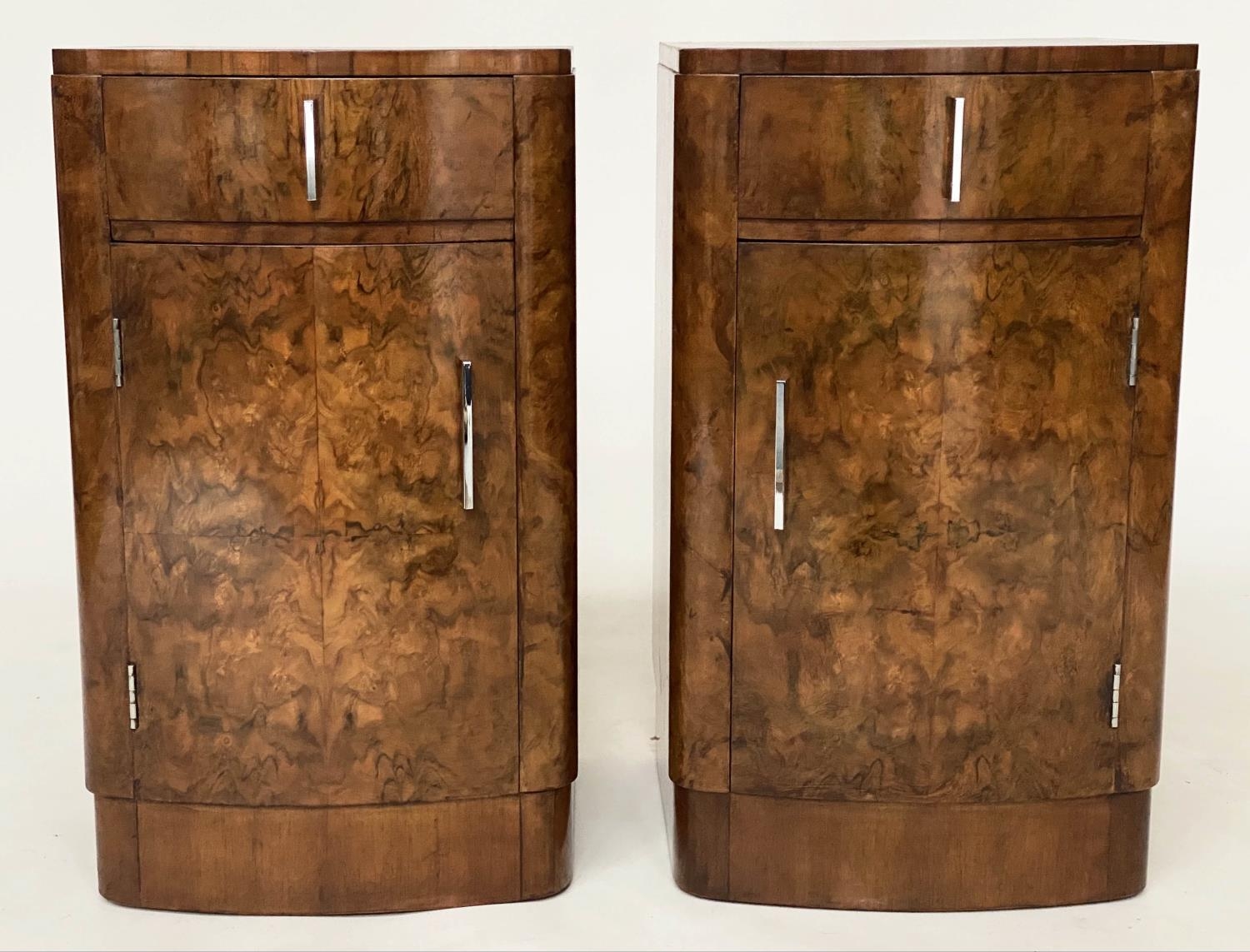 BEDSIDE CABINETS, a pair, Art Deco period burr walnut of bowed outline each with drawer and door, - Image 3 of 8