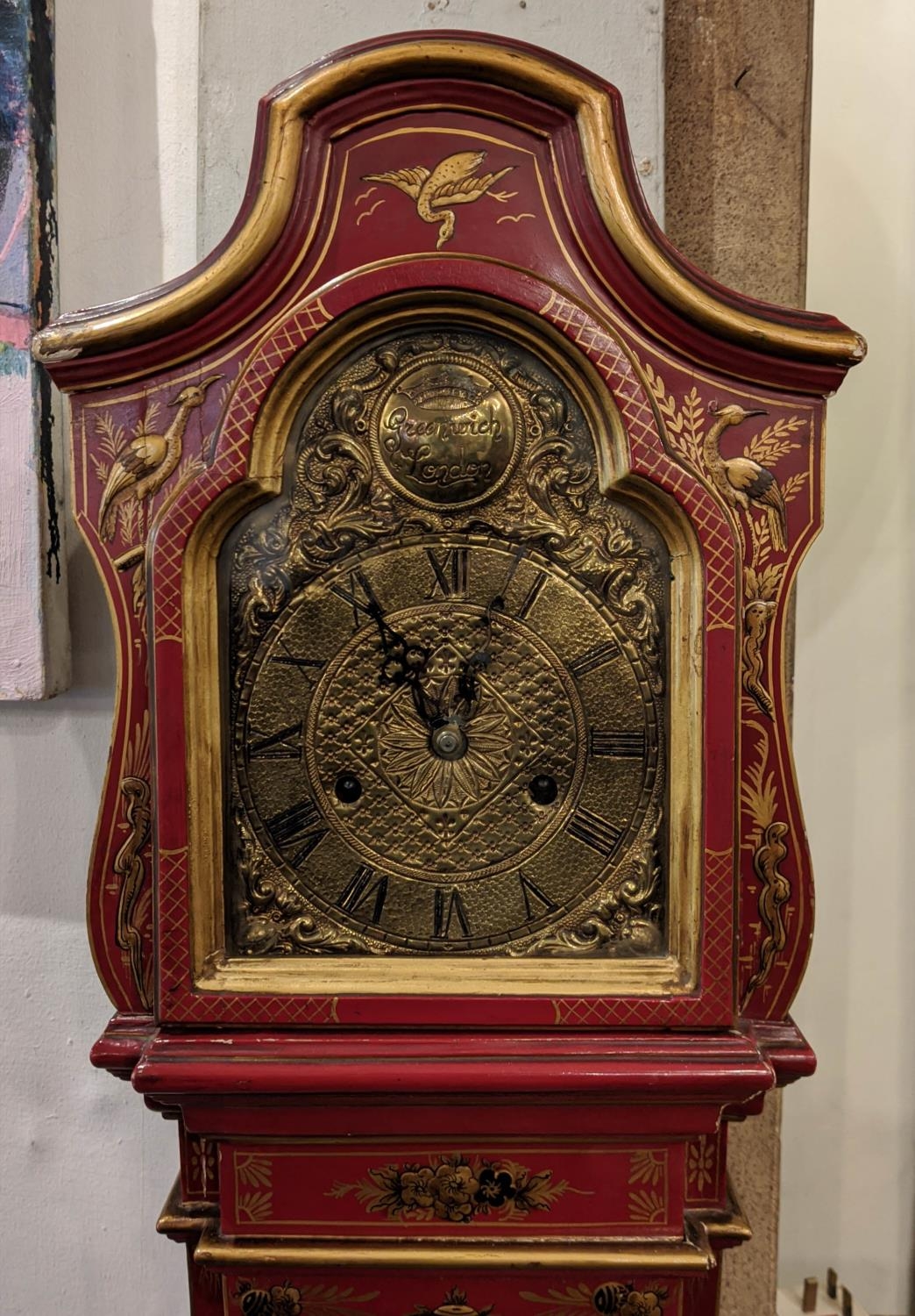 DWARF LONGCASE CLOCK, 27cm W x 138cm H x 18cm D scarlet lacquered, chinoiserie decorated bearing " - Image 2 of 5