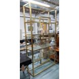 PIERRE VANDEL ETAGERE, 101cm x 34cm x 197cm, vintage 1970's French, gilt metal, glass shelves.