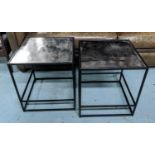 SIDE TABLES, a pair, contemporary sleek design, silvered metal tops, 50cm H x 46cm W x 46cm D.