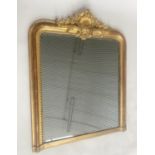 OVERMANTEL MIRROR, 19th century French giltwood and gesso moulded with arched beaded frame and shell
