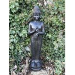 GARDEN BUDDHA STATUE, bronze statue, plinth base, contemporary, 157cm high, 38cm wide, 30cm deep.