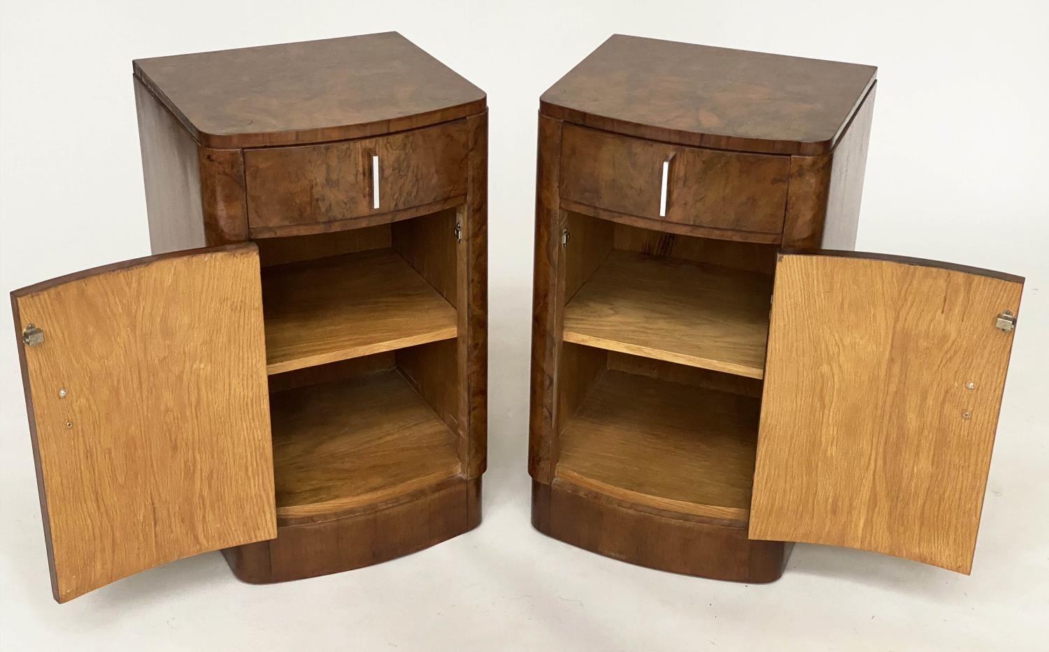 BEDSIDE CABINETS, a pair, Art Deco period burr walnut of bowed outline each with drawer and door, - Image 6 of 8