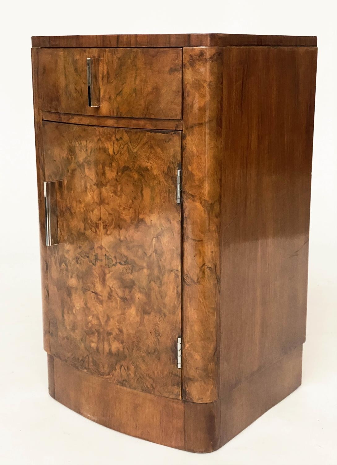 BEDSIDE CABINETS, a pair, Art Deco period burr walnut of bowed outline each with drawer and door, - Image 4 of 8