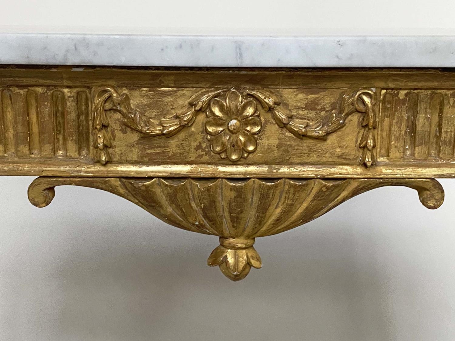 CONSOLE TABLE, 19th century Italian giltwood with Carrara marble top, fluted frieze, ribbon tablet - Image 3 of 6