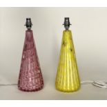 MURANO TABLE LAMPS, two, Venetian glass, graduated facetted form, one rose pink, one lemon yellow,