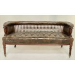 HALL BENCH, 19th century country house walnut with buttoned tan leather upholstered seat and arms,