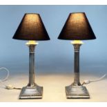 SILVER TABLE LAMPS, a pair early 20th century silver with Corinthian capped reeded columns stamped