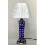 BOHEMIAN GLASS TABLE LAMP, early 20th century blue glass and facetted with silvered mounts, 52cm H