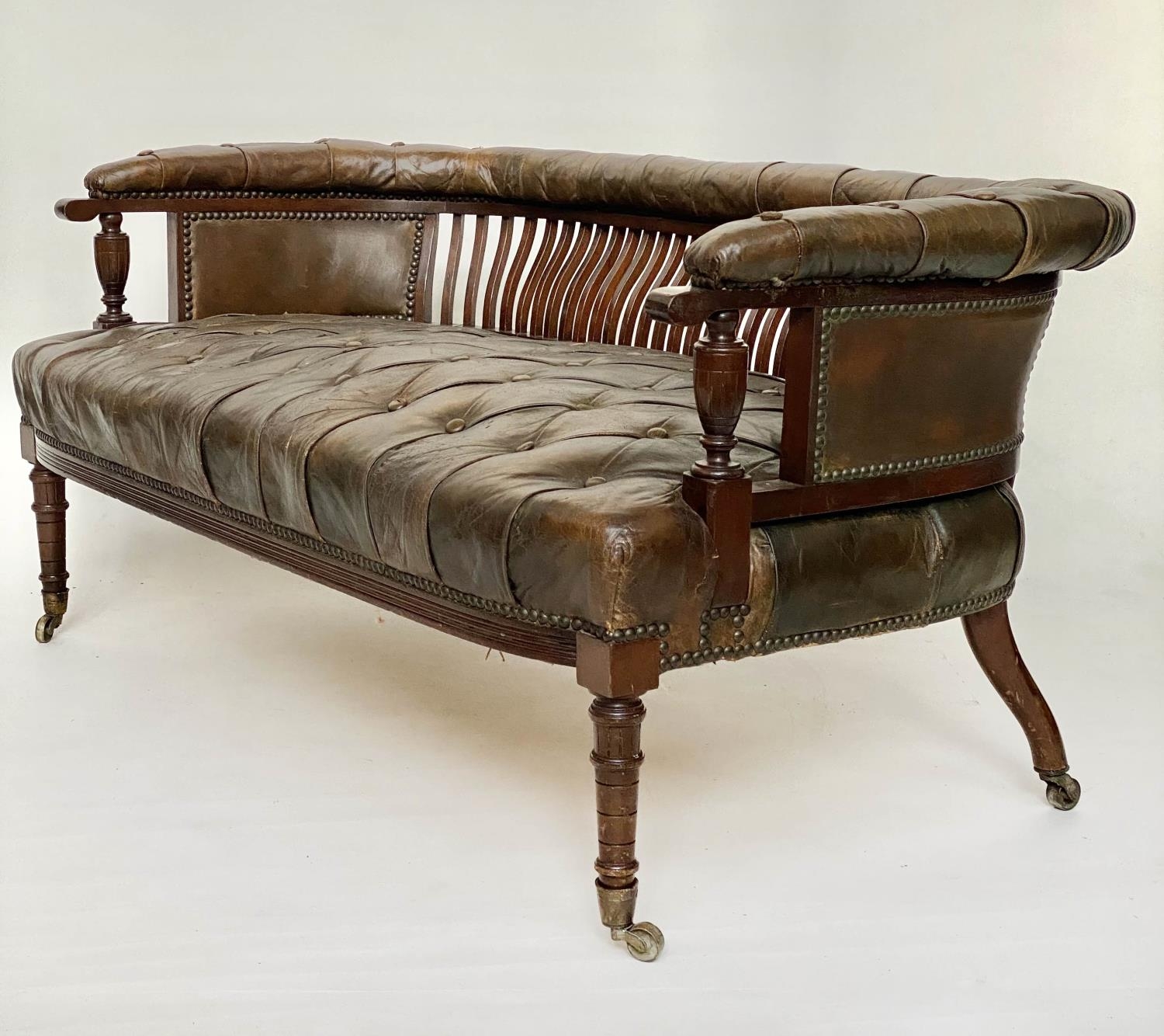 HALL BENCH, 19th century country house walnut with buttoned tan leather upholstered seat and arms, - Image 5 of 7