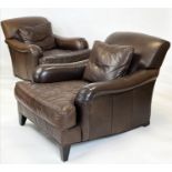 HOWARD STYLE ARMCHAIRS, a pair, stitched brown leather, 85cm x 76cm H x 105cm. (2)