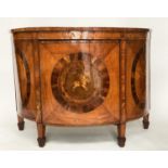 COMMODE, 19th century satinwood and rosewood crossbanded, demi lune outline with marquetry panels