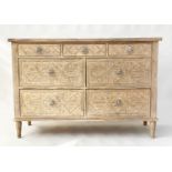 OKA STYLE CHEST, painted with lattice moulded front and seven drawers, 130cm x 45cm D x 90cm H.