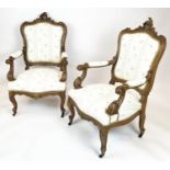 FAUTEUILS, 105cm H x 64cm, a pair, late 19th century French walnut and gilt heightened in
