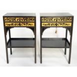 SIDE TABLES, a pair, Regency style satinwood black lacquered and line painted each with two drawers,