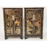 CHINESE CABINETS, a pair, early 20th century lacquered, silvered metal and gilt Chinoiserie