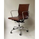 REVOLVING DESK CHAIR, Charles and Ray Eames inspired with ribbed tan leather seat revolving and