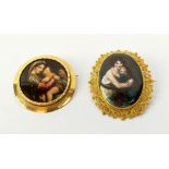 TWO 18CT GOLD BROOCHES, both transfer scenes, one depicting a print of Elisabeth Vegee Le Brun (1755