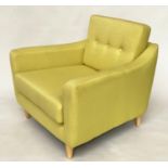 ARMCHAIR, 1960's style with yellow/lime woven linen buttoned upholstery and tapering supports, 104cm