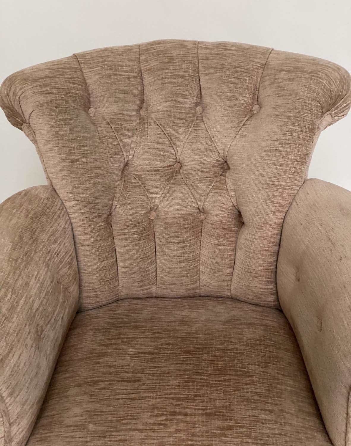 ARMCHAIR, Victorian mahogany with taupe grey buttoned chenille upholstery, scroll arms and turned - Image 5 of 5