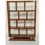 OPEN BOOKCASE, Art Deco style figured walnut, with twelve open shelves on silvered bun supports