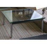 CASSINA LC10 TABLE BY LE CORBUSIER, 33cm H x 70cm W, thick square glass top on chromed steel legs.