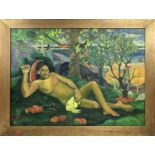 AFTER PAUL GAUGUIN, 'Te Arvi Vahne', oil on canvas, 96cm x 129cm, framed.