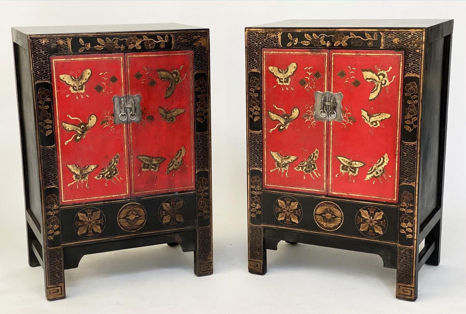 CHINESE CABINETS, a pair, Chinese scarlet lacquered and gilt Chinoiserie decorated with silver