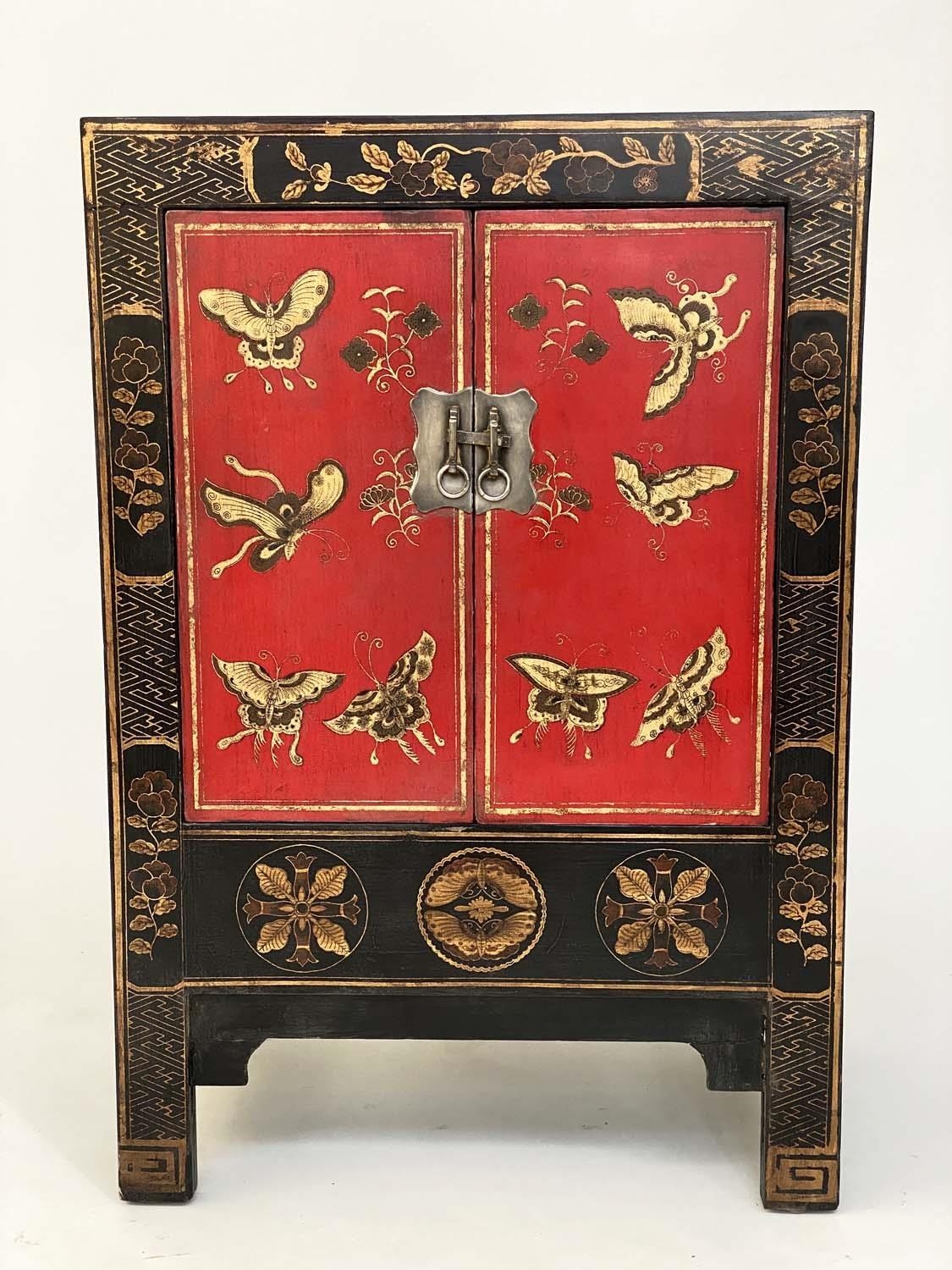 CHINESE CABINETS, a pair, Chinese scarlet lacquered and gilt Chinoiserie decorated with silver - Image 4 of 6