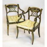 ARMCHAIRS, 84cm H x 56cm, a pair, late George III painted and gilt lined with caned seats and