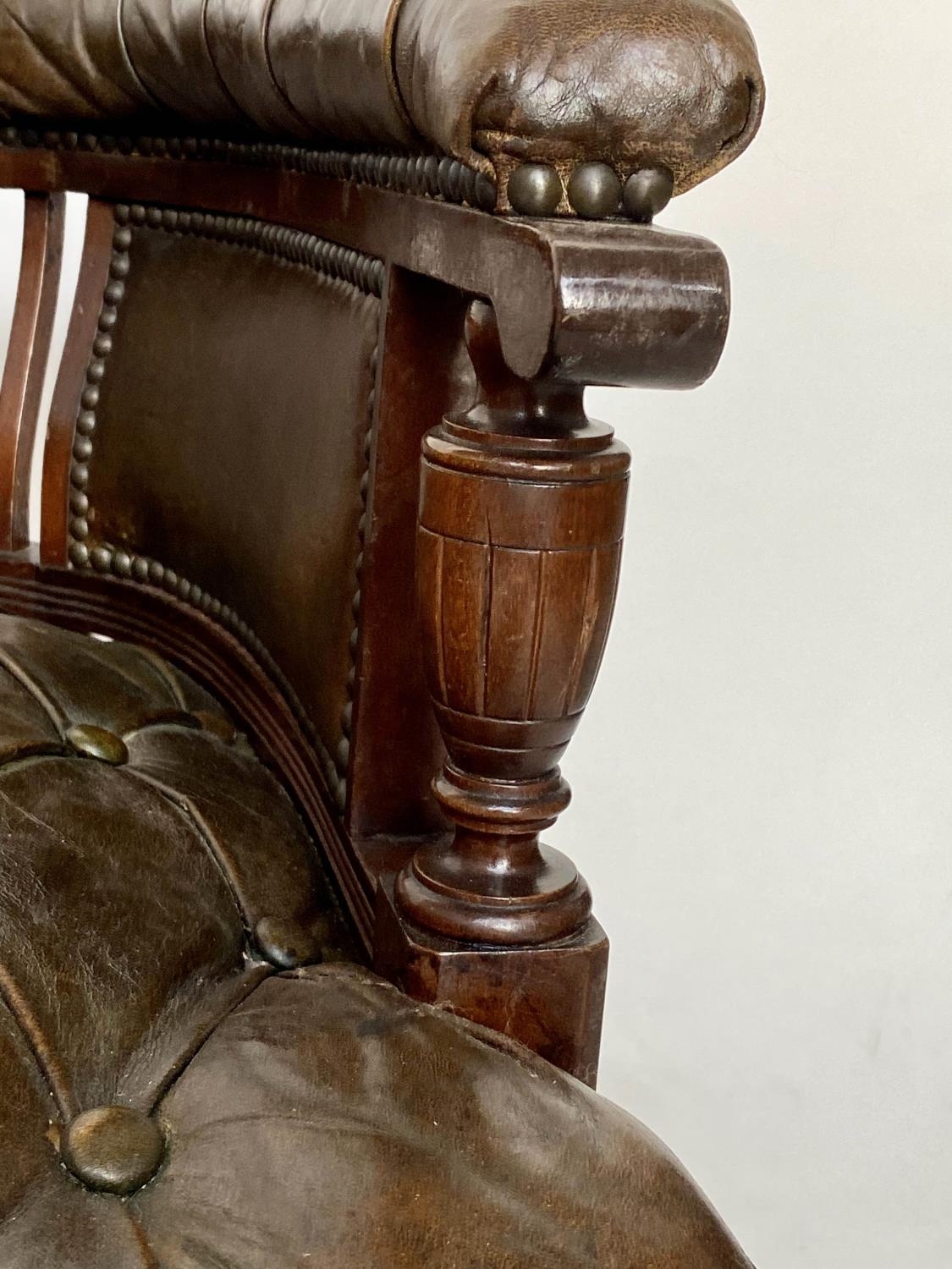 HALL BENCH, 19th century country house walnut with buttoned tan leather upholstered seat and arms, - Image 3 of 7