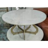 COCKTAIL TABLE, white marble top, on matt brushed gilt metal base, 80cm W x 80cm L x 400cm H.