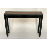 HALL TABLE, Chinese shallow rectangular black lacquered with cane inset top, 111cm W x 26cm D x 81cm