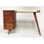 DESK, 1970's Danish style teak with 3/4 brass galleried writing surface, drawer and cupboard,